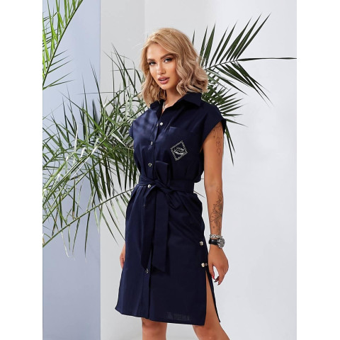 Льняна сукня з поясом, арт 357, темно синій