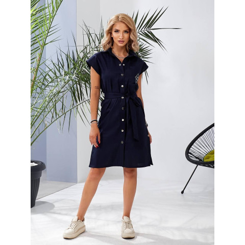 Льняна сукня з поясом, арт 357, темно синій
