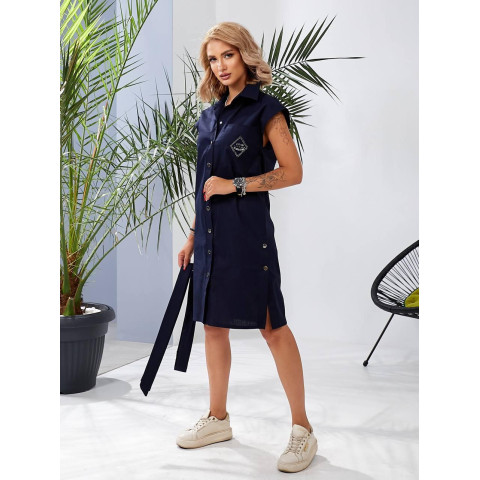 Льняна сукня з поясом, арт 357, темно синій