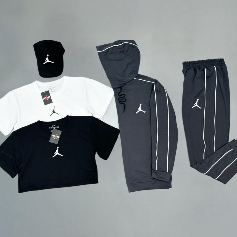 Спортивний костюм(сірий) + футболка(біла)+футболка(чорна)+кепка Air Jordan