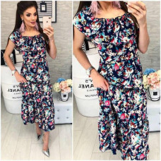 Сукня міді з воланом на плечах, арт. 101, рози на темно синьому