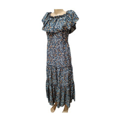 Сукня міді з воланом на плечах, арт. 101,квіти на темно синьому